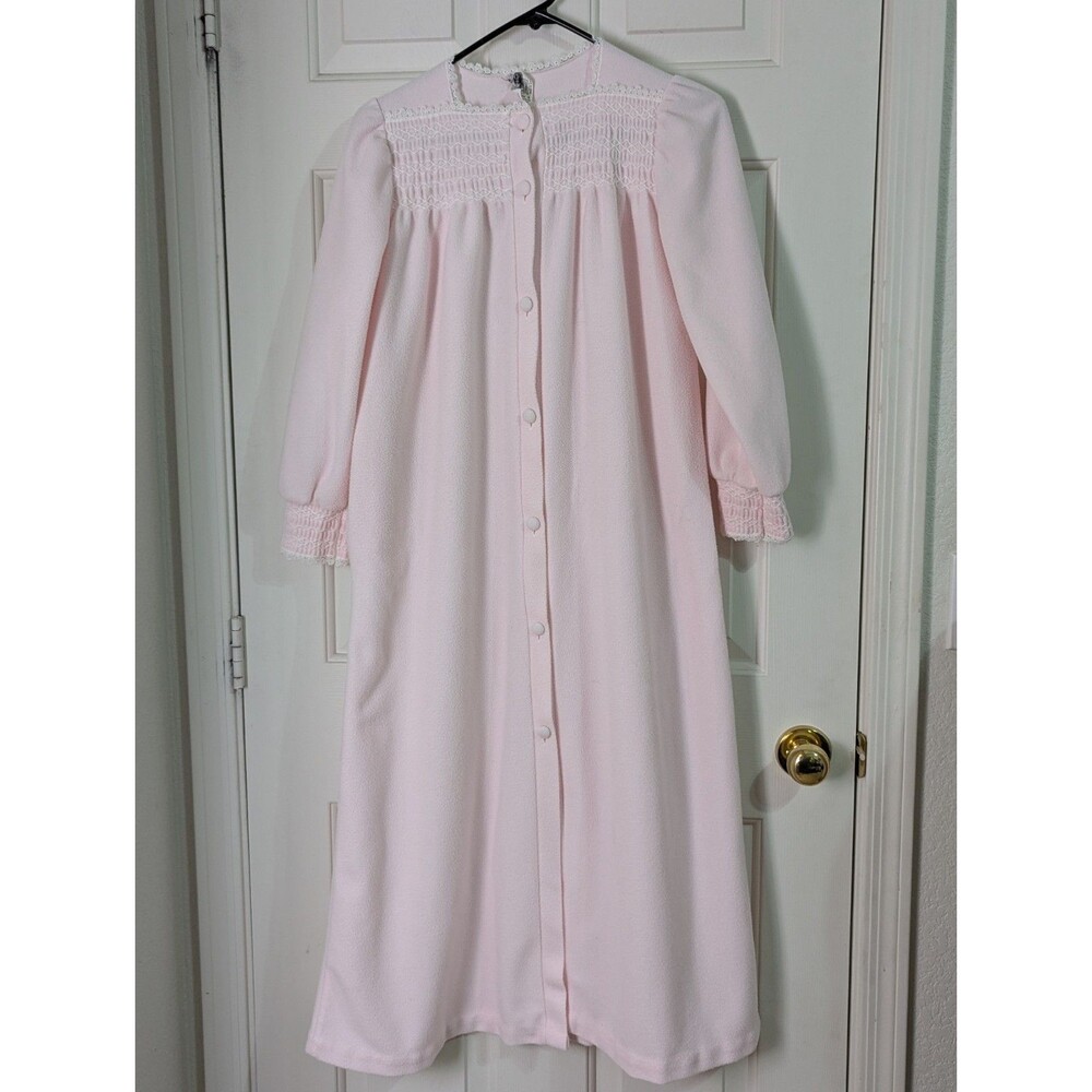 VTG Christian Dior Soft Fleece Robe Nightgown Sz 12 Pink Button Front Smocked